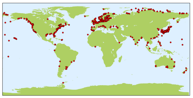 map of PSMSL stations with 40 years of RLR data